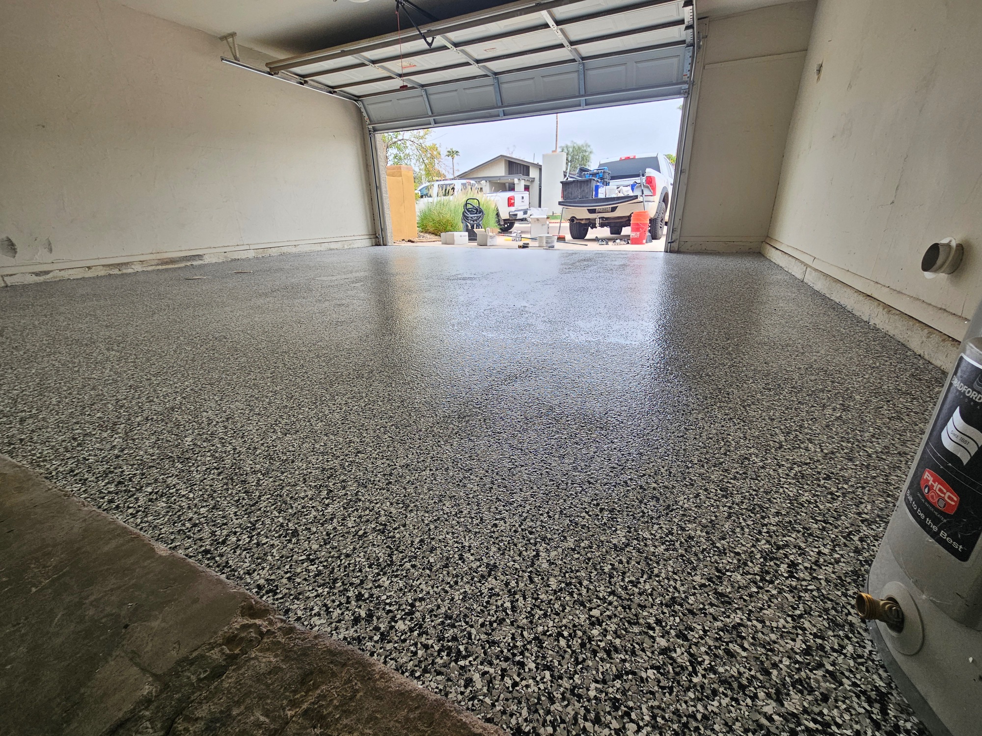 Grey flake epoxy garage floor open door Arizona
