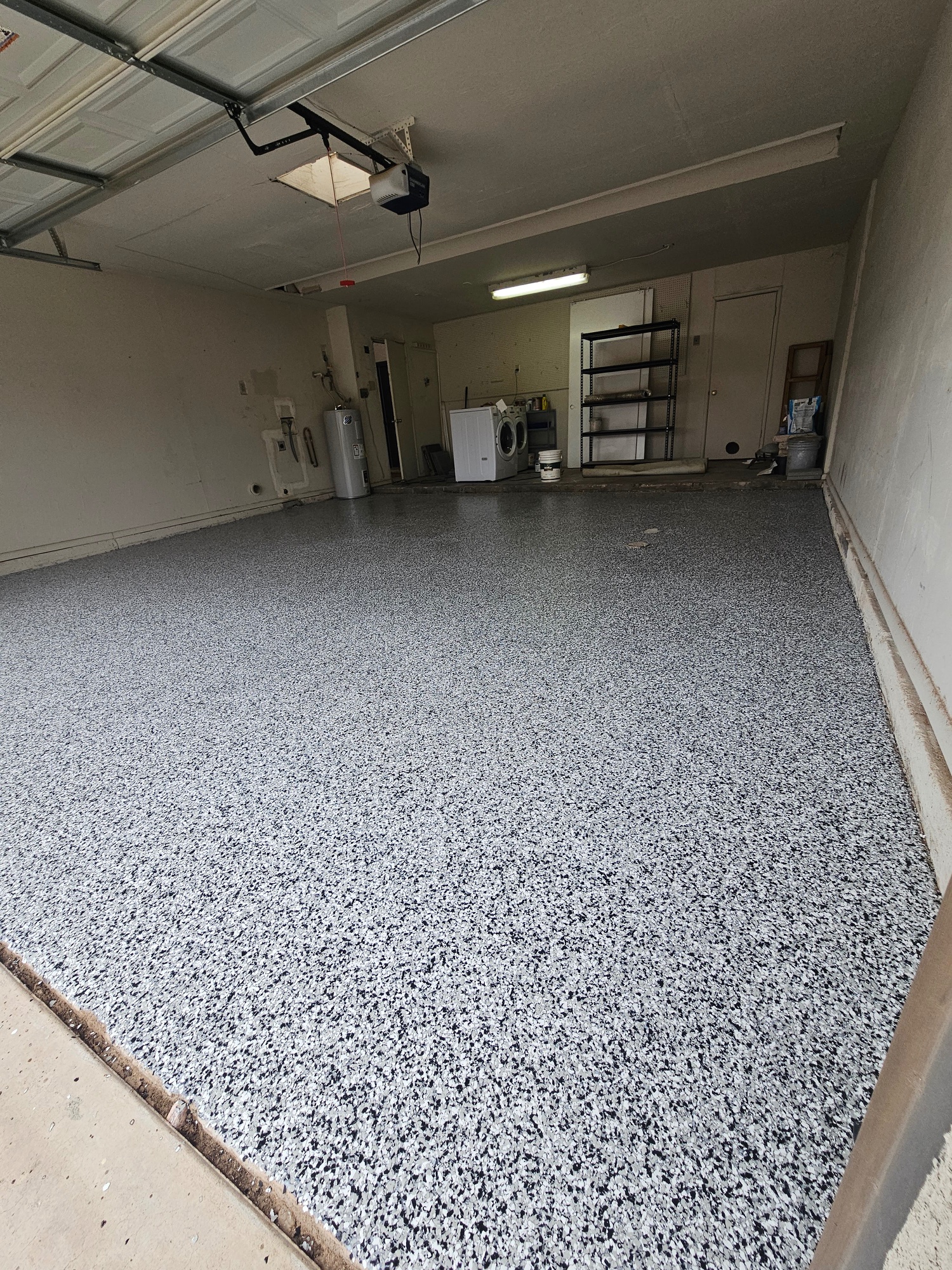 Grey white flake epoxy older garage Arizona