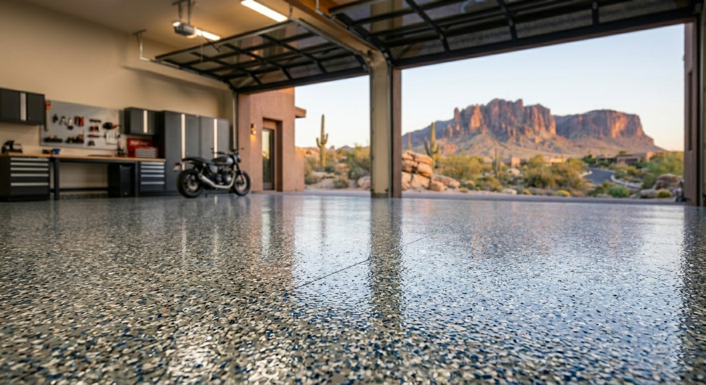 Flake chip epoxy garage floor with full broadcast coating Phoenix Arizona