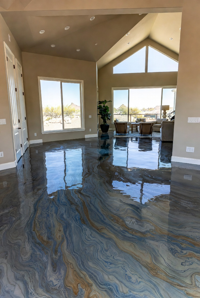 Metallic epoxy floor coating with high-gloss finish in Phoenix Arizona